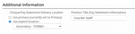 Screen showing drop-down menu for selecting employee cheque/pay statement delivery location