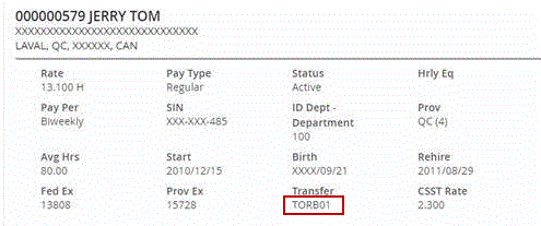 The Preview - Employee Details screen with the Transfer field in lower left side highlighted