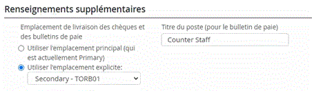 Page affichant le menu déroulant servant à choisir l'emplacement de livraison des chèques et des bulletins de paie