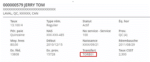 Le champ Transfert situé dans le coin inférieur gauche de la page Aperçu des résultats – Page Détails de la paie de l'employé est mis en surbrillance.